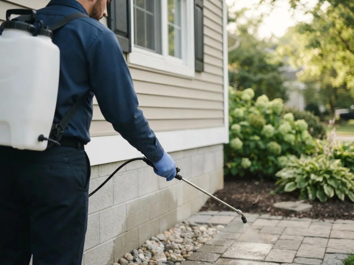Pest control technician inspecting a home in Guthrie Center, IA